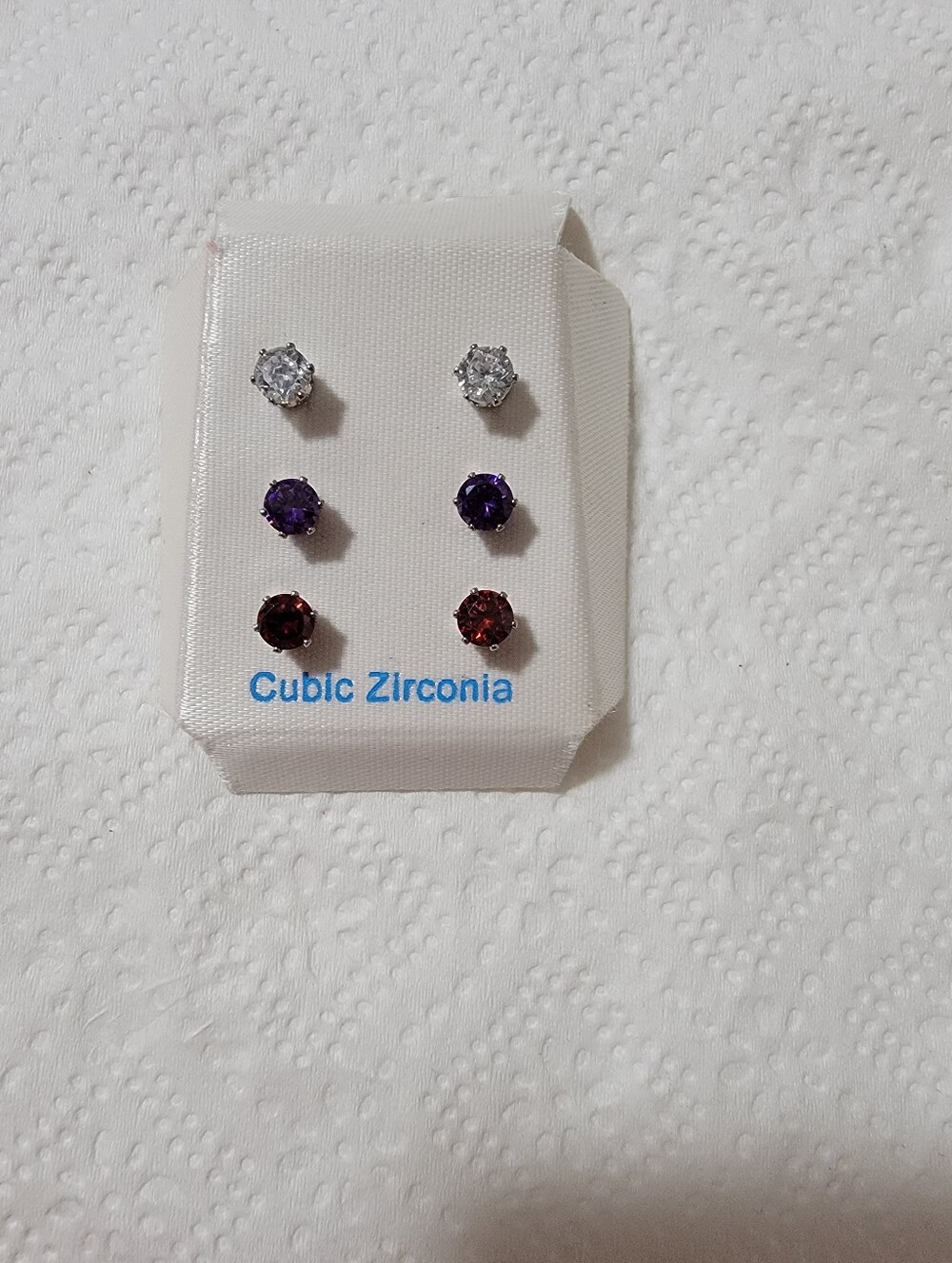 Cubic Zirconia Stud Earring Trio Set - Clear, Purple & Red